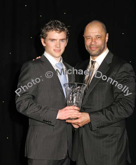 Daniel Glancy winner of the Racquetsports award is presented with his trophy by Guest of Honour Paul McGrath at the Western People Mayo Sports Awards 2006 presentation in the TF Royal Theatre Castlebar. Photo:  Michael Donnelly