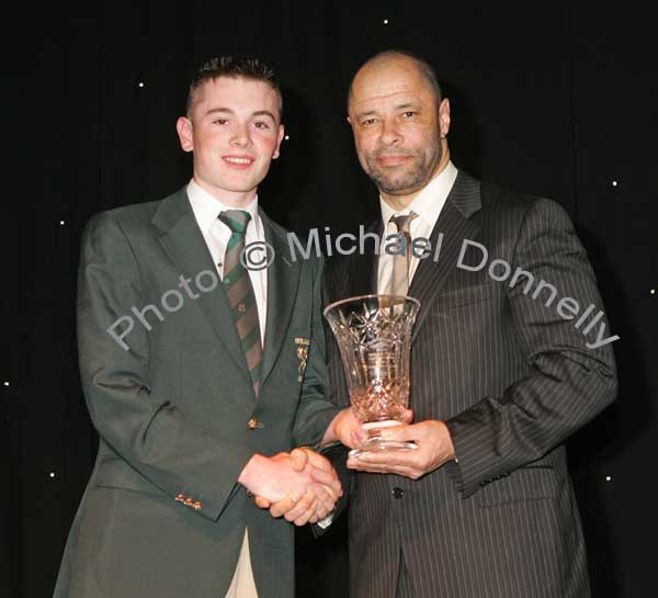 Stephen Healy, Claremorris is presented with the Golf Award by Guest of Honour Paul McGrath at the Western People Mayo Sports Awards 2006 presentation in the TF Royal Theatre Castlebar. Photo:  Michael Donnelly