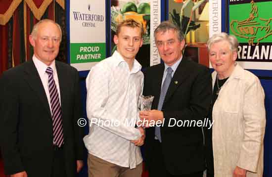 Mark Atkinson  North Down AC is presented with his award at the Waterford Crystal A.A.I,  Juvenile Star Awards in the Belmont Hotel, Knock Co Mayo by  Patsy McGonagle Vice-president AAI, included in photo are Michael Gaffney, Waterford Crystal (sponsor), and Breda Synott chairperson National Juvenile Committee AAI, Photo Michael Donnelly