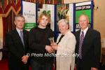 Justin Collins of Mullingar Harriers is presented with his award at the Waterford Crystal A.A.I,  Juvenile Star Awards in the Belmont Hotel, Knock by  Breda Synott chairperson National Juvenile Committee AAI, included in photo are Patsy McGonagle Vice-president AAI and Michael Gaffney, Waterford Crystal (sponsor). Photo Michael Donnelly
