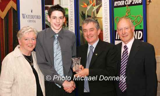 Gerard ODonnell, Carrick on Shannon is presented with his award at the Waterford Crystal A.A.I,  Juvenile Star Awards in the Belmont Hotel, Knock Co Mayo by  Patsy McGonagle Vice-president AAI included in photo are Breda Synott chairperson National Juvenile Committee AAI and Michael Gaffney, Waterford Crystal (sponsor).  Photo Michael Donnelly

