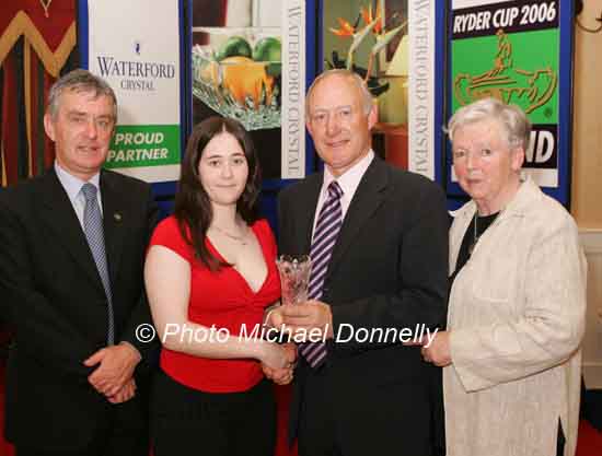 Claire Collins  Ballymahon  Co Longford, (Roscommon AC) is presented with her award at the Waterford Crystal A.A.I,  Juvenile Star Awards in the Belmont Hotel, Knock by  Michael Gaffney, Waterford Crystal (sponsor)., included in photo are Patsy McGonagle Vice-president AAI and Breda Synott chairperson National Juvenile Committee AAI. Photo Michael Donnelly