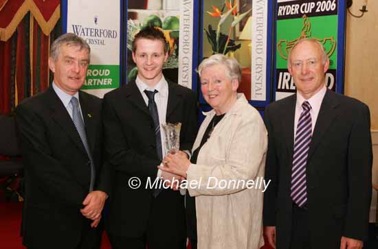 Brian Flatley, Claremorris is presented with his award at the Waterford Crystal A.A.I,  Juvenile Star Awards in the Belmont Hotel, Knock by  Breda Synott chairperson National Juvenile Committee AAI, included in photo are Patsy McGonagle Vice-president AAI and Michael Gaffney, Waterford Crystal (sponsor). Photo Michael Donnelly
