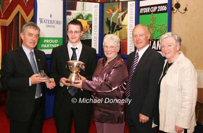 Brian Flatley, Claremorris is presented with the Overall  award at the Waterford Crystal A.A.I,  Juvenile Star Awards in the Belmont Hotel, Knock by  Aine Pobjoy, Financial officer National Juvenile Committee AAI, included in photo from left:  Patsy McGonagle Vice-president AAI and Michael Gaffney, Waterford Crystal (sponsor) and Breda Synott, chairpeson.. Photo Michael Donnelly

 

