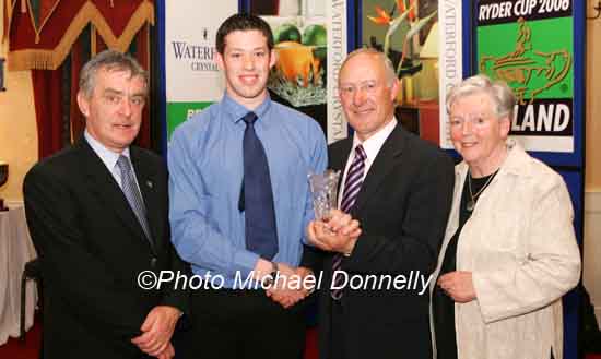 Barry Upton Ferrybank AC is presented with his award at the Waterford Crystal A.A.I,  Juvenile Star Awards in the Belmont Hotel, Knock  Co Mayo by  Michael Gaffney, Waterford Crystal (sponsor), included in photo are Patsy McGonagle Vice-president AAI and Breda Synott chairperson National Juvenile Committee AAI, Photo Michael Donnelly