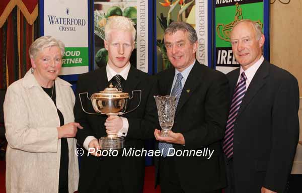 Conall McNamara, Achill was presented with the Robin Sykes Award in recognition for his Silver medal in the Paralympic Games in /Athens Olympic Stadium, at the Waterford Crystal A.A.I,  Juvenile Star Awards in the Belmont Hotel, Knock Co Mayo included in photo from  left Breda Synott chairperson National Juvenile Committee AAI by  Patsy McGonagle Vice-president AAI and Michael Gaffney, Waterford Crystal (sponsor).  Photo Michael Donnelly