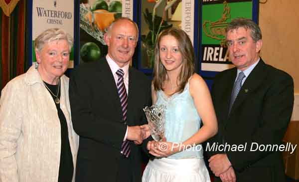Hayley Murphy  Ferrybank AC Waterford is presented with a Special  award (International Category) by  Michael Gaffney, Waterford Crystal (sponsor), at the Waterford Crystal A.A.I,  Juvenile Star Awards in the Belmont Hotel, Knock, Co Mayo included in photo are Breda Synott chairperson National Juvenile Committee AAI., and Patsy McGonagle Vice-president AAI,  Photo Michael Donnelly