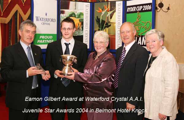 Brian Flatley, Claremorris is presented with the Eamon Gilbert award for High Jump at the Waterford Crystal A.A.I,  Juvenile Star Awards in the Belmont Hotel, Knock by  Aine Pobjoy, Financial officer National Juvenile Committee AAI, included in photo from left:  Patsy McGonagle Vice-president AAI and Michael Gaffney, Waterford Crystal (sponsor) and Breda Synott, chairpeson. Photo Michael Donnelly
 
