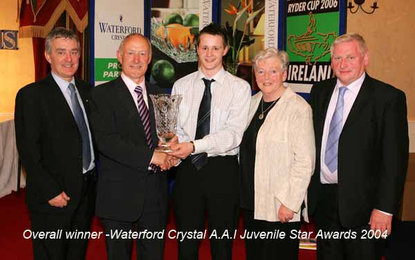 Michael Gaffney, Waterford Crystal (sponsor) presents, Overall Junior Star Award to Brian Flatley, (centre) at the Waterford Crystal Athletic Association of Ireland, Juvenile Star Awards in the Belmont Hotel, Knock included in photo from left: Patsy McGonagle Vice-president AAI; Breda Synott chairperson National Juvenile Committee AAI, and Jim Ryan, Coach, Claremorris.
Photo: Michael Donnelly
