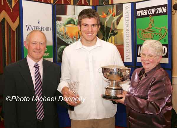 Luke Mangan Clonliffe is presented with the Matt McGrath Award (for shot put) by Aine Pobjoy Financial officer National Juvenile Committee AAI, at the Waterford Crystal Athletic Association of Ireland, Juvenile Star Awards in the Belmont Hotel, Knock included in photo Michael Gaffney, Waterford Crystal (sponsor). Photo Michael Donnelly
