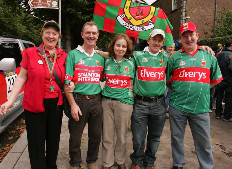 Mayo supporters in happy mood before the Final of the Bank of Ireland Senior football Championship 2006 in Croke Park, from left Maureen and P.J. Hennigan, Mary and Mickey Ruane and John Ruane, all Foxford. Photo:  Michael Donnelly.

