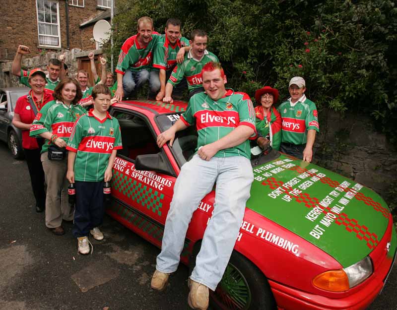 Kiltimagh lads arrive in their decorated car for the Final of the Bank of Ireland Senior football Championship 2006 in Croke pPark. Photo:  Michael Donnelly