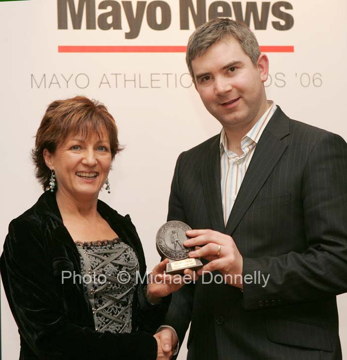 Masters Athlete of the Year - Breege Blehein -McHale, of Mayo AC accepts her award from John Feerick, General manager of the Mayo News at the Mayo News Mayo Athletic Awards, in Hotel Westport. Photo:  Michael Donnelly