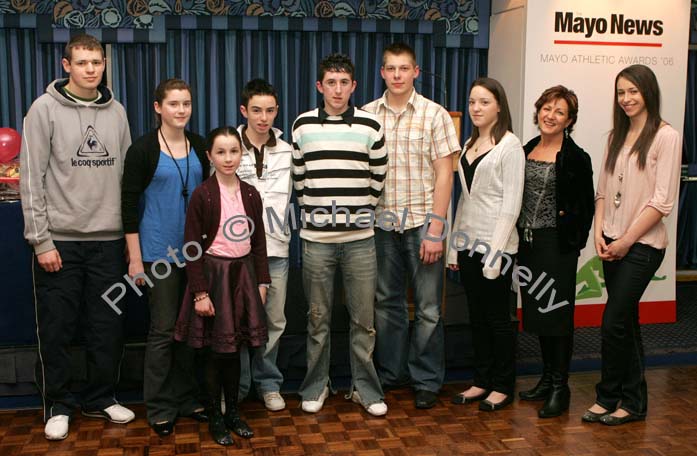 Finalists at the Mayo News Mayo Athletic awards from left: Gerard Kelly, Castlebar AC (International achievement winner); Ailsing Costello, Claremorris AC (Joint Juvenile Female Track and Field winner);  Aoife Mulroy, Swinford AC (Juvenile Female Cross Country winner); Cian McManamon Westport AC (Joint Juvenile Male Track and Field winner); Daniel Murray Ballina AC (Juvenile Male Cross Country Winner); Laimonas Ruibys  (Joint Juvenile Male Track and Field winner); Jenny Hughes, (Joint Juvenile Female Track and Field winner); brege Blehein-McHale, Mayo AC (Masters Athlete of the Year) and Pamela Hughes, Westport AC (Overall  Athlete of the Year.  Photo:  Michael Donnelly