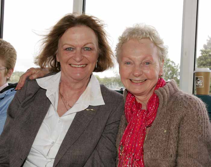 Genivieve Alford and Mary Harvey Castlebar, pictured at "Craic on the Track" at Ballinrobe Racecourse on Sunday where Mayo football supporters watched the Mayo v Laois game in Croke Park live on the Big Screens. Photo:  Michael Donnelly