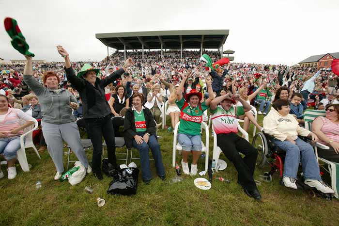 Celebrations following the final whistle at Ballinrobe Racecourse on Sunday where Mayo football supporters had watched the Mayo v Laois game in Croke Park  live on the Big Screen.  Photo: Michael Donnelly.