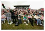 Celebrations following the final whistle at Ballinrobe Racecourse on Sunday where Mayo football supporters had watched the Mayo v Laois game in Croke Park  live on the Big Screen.  Photo: Michael Donnelly.