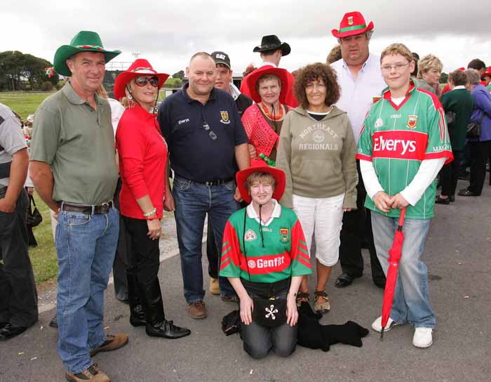 Michael Deane, Belmullet, Eva Deane, Westport; Ray Carroll,  Wewstport; Michael and Mary Keane; Eithne Noone, Galway; Henry Keane, Aidan Keane and at front Kay Keane, pictured at "Craic on the Track" at Ballinrobe Racecourse on Sunday where Mayo football supporters watched the Mayo v Laois game in Croke Park live on the Big Screens. Photo:  Michael Donnelly