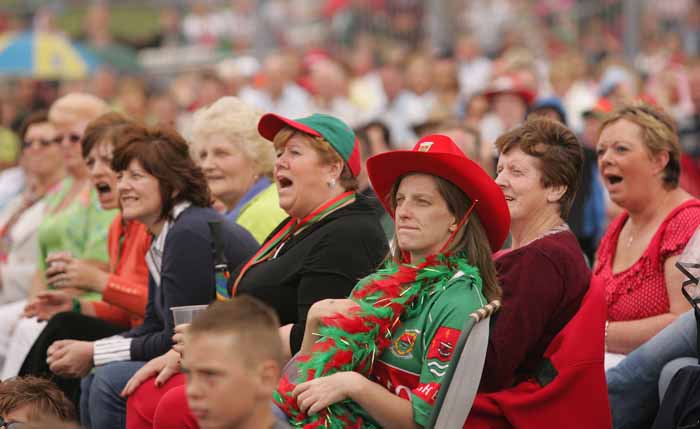 Tense moment in the Mayo v Laois game on the Big Screen at the  "Craic on the Track" at Ballinrobe Racecourse.  Photo: Michael Donnelly.