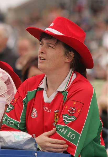 Veronica Sheridan, Kilmaine watches an anxious moment in the Mayo v Laois game on the Big Screen at the "Craic on the Track" at Ballinrobe Racecourse.  Photo: Michael Donnelly.