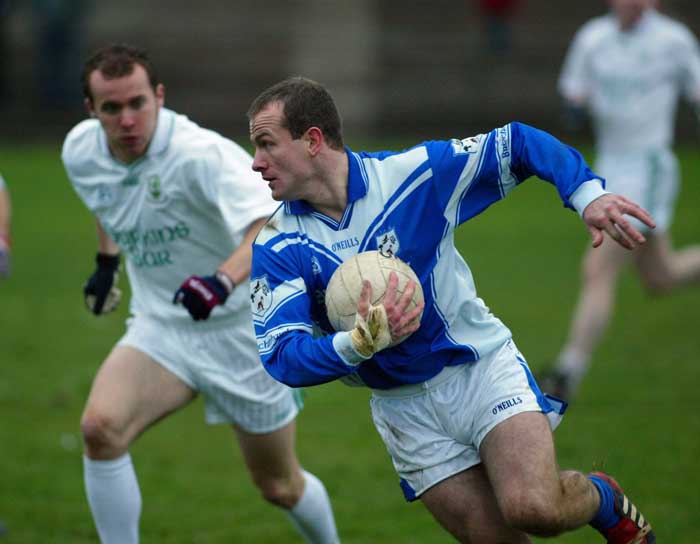 Marty McNicholas Breaffy is closely watched by Ballaghaderreen  defenders in the Breaffy House and Spa  County Intermediate Football Championship Final in McHale Park Castlebar. Photo: Michael Donnelly