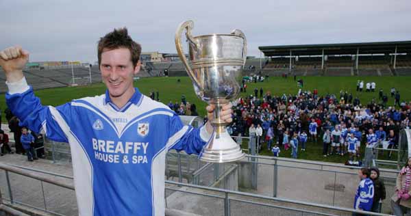 Gerry Jennings  captain Breaffy lifts the James Sweeney l Memorial Cup after they defeated Ballaghaderreen  in the Breaffy House and Spa  County Intermediate  Football Final in McHale Park Castlebar. Photo: Michael Donnelly
