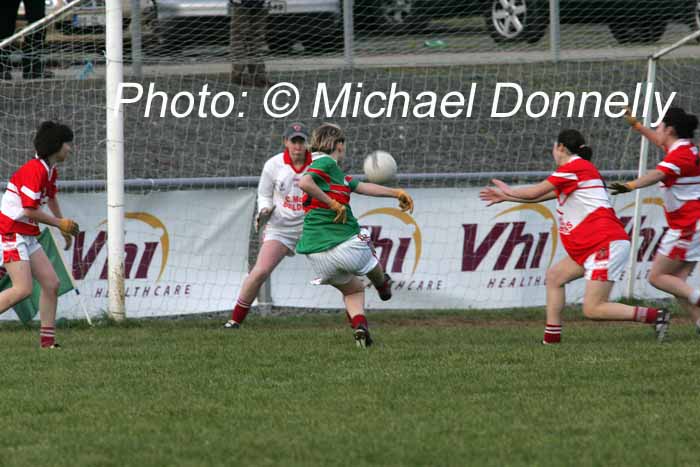Maria Staunton fires this shot over the bar at the Vhi Healthcare All-Ireland Ladies Senior Club Championship Final, Donaghmoyne v Carnacon, Pairc Na nGael, Dromard, Co Longford. Photo:  Michael Donnelly