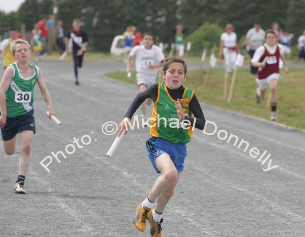 Ciaran Treacy, The Quay Ballina  wins the final leg of the U-12 relay race at the Mayo finals of the HSE Community Games in Claremorris. Photo:  Michael Donnelly