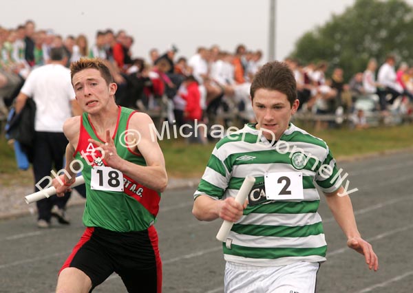 Caoimhin McGreal Westport and Jack McDonnell, Swinford in the Boys U-16 Relay at the Mayo finals HSE Community Games in Claremorris. Photo:  Michael Donnelly
