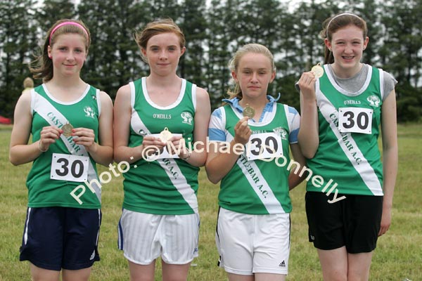 The Castlebar Girls took Gold in the U-14 Relay pictured with their Gold medals at the Mayo finals of the HSE Community Games in Claremorris, from left: Laura Nugent, Claire O'Brien, Tanya Ruane and Ciara Felle. Photo:  Michael Donnelly