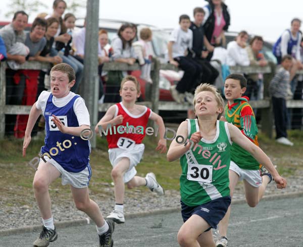 Paul Kelly Kiltimagh, James Carr, Ardagh, Colm Nevin Castlebar and Eoin Kent, The Quay in action in the Boys U-12 100M race at the Mayo finals of the HSE Community Games in Claremorris. Photo:  Michael Donnelly