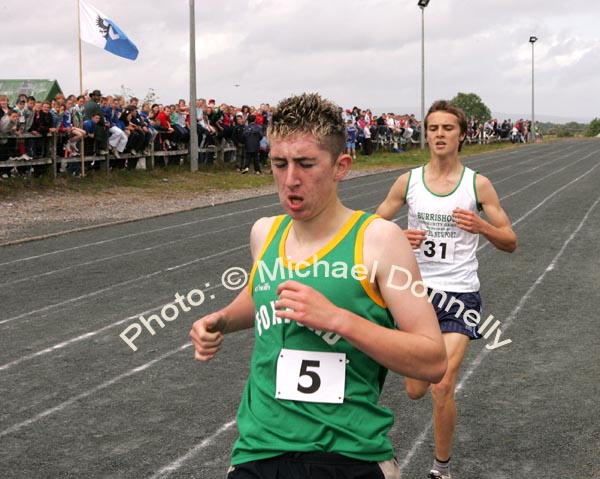 Daniel Murray, Foxford wins the 1500m race,  followed home by George Chambers Burrishoole, at the Mayo finals of the HSE Community Games in Claremorris. Photo:  Michael Donnelly
