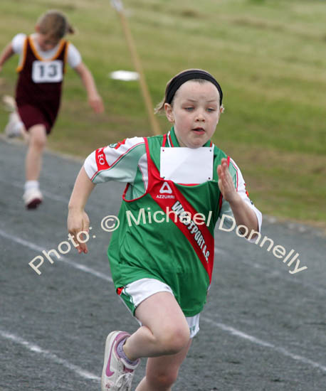 7 year old Muiread Dever Westport winning her heat in U-8 60m race in the Mayo finals of the HSE Community Games in Claremorris. Photo:  Michael Donnelly