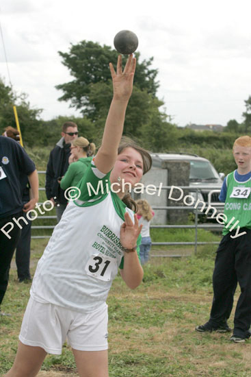 Niamh McLoughlin Burrishoole in winning form at the girls U-14 Shot Putt at the Mayo finals of the HSE Community Games in Claremorris. Photo:  Michael Donnelly