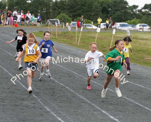 Shona Doherty leads in the Girls U-8  60m heat in the Mayo finals of the HSE Community Games in Claremorris. Photo:  Michael Donnelly