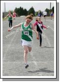 A delighted Claire O'Brien Castlebar crosses the line in the Girls U-14 Relay race at the Mayo finals of the HSE Community Games in Claremorris. Photo:  Michael Donnelly