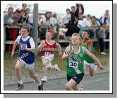 Paul Kelly Kiltimagh, James Carr, Ardagh, Colm Nevin Castlebar and Eoin Kent, The Quay in action in the Boys U-12 100M race at the Mayo finals of the HSE Community Games in Claremorris. Photo:  Michael Donnelly