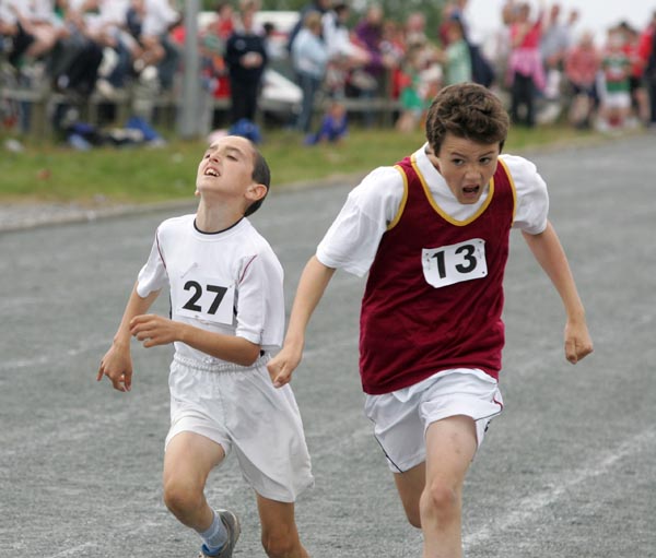 Nothing left- Cormac Blehien (Moygownagh) and James Murphy Ballinrobe in the Boys U-12 600m race at the Mayo finals of the HSE Community Games in Claremorris. Photo:  Michael Donnelly
