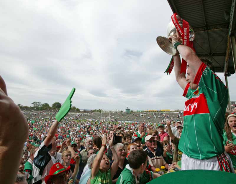 Mayo captain David Heaney lifts the cup in the Bank of Ireland Connacht Senior Football Championship in McHale Park Castlebar
