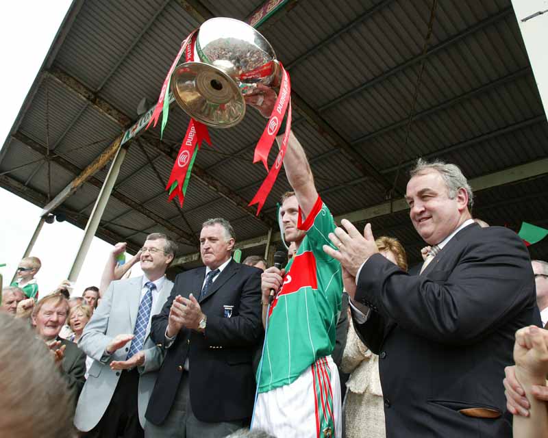 Mayo captain David Heaney lifts the cup in the Bank of Ireland Connacht Senior Football Championship in McHale Park Castlebar
