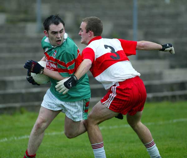 Shane Morley says no way through to Ballina's Brian Queenan in the Breaffy House and Spa  County Junior Football Championship Final in McHale Park Castlebar. Photo: Michael Donnelly