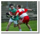 Shane Morley says no way through to Ballina's Brian Queenan in the Breaffy House and Spa  County Junior Football Championship Final in McHale Park Castlebar. Photo: Michael Donnelly