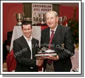 Cathal Prior, chairman Crossmolina Deel Rovers (on right) presents the Senior Player of the Year award to Joe Keane at the Crossmolina Deel Rovers Dinner Dance in Hiney's Upper Deck, Crossmolina. Photo:  Michael Donnelly