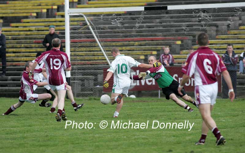 Ballaghaderreen's Andy Hanley sends this ball to the back of the Crossmolina net in the Lynch Breaffy House Hotel and Spa County Senior Football Final Replay in McHale Park Castlebar. Photo:  Michael Donnelly
