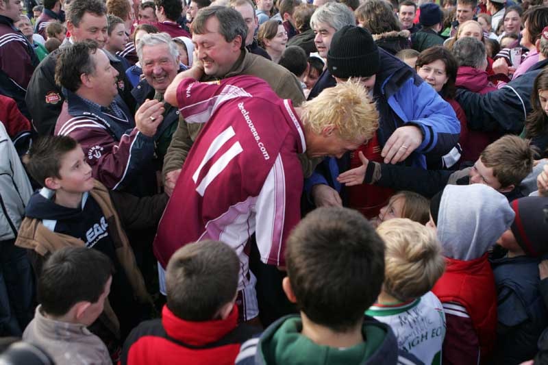 Man of the match Ciaran McDonald, speaks to this young fan after Crossmolina Deel Rovers defeated Ballaghaderreen in the Lynch Breaffy House Hotel and Spa County Senior Football Final replay in McHale Park Castlebar. Photo:  Michael Donnelly