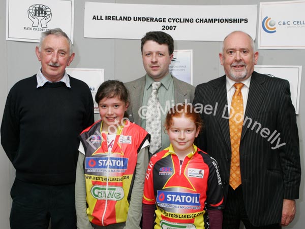 Pictured at the launch of the All Ireland Underage Cycling Championships 2007 which will be hosted by Connacht Youth Cycling sponsored by C&C Cellular and Mayo Credit Unions, front from left: Caoimhe Carroll  and Caoimhe Culhane Western Lakes C.C.; at back: John Ferguson,  Cllr Damien Ryan and Brian O'Loughlin. Photo:  Michael Donnelly