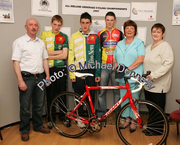 Sponsors pictured at the launch of the All Ireland Underage Cycling Championships 2007 which will be hosted by Connacht Youth Cycling sponsored by C&C Cellular and Mayo Credit Unions, from left: Michael Hogan,  C&C Cellular (sponsor);  William Sheridan and Sean Carolan (Covey Wheelers); Brendan Butler,  Western Lakes C.C.; Maura Murphy and Martina Gormley, Mayo Credit Unions, (sponsors). Photo:  Michael Donnelly