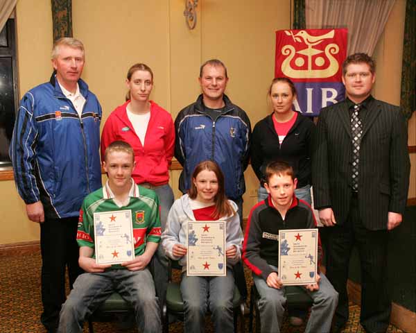 Killala  "AIB Stars of the Future" pictured at AIB Sponsored presentation night in the Failte Suite, Welcome Inn Hotel, Castlebar, front from left: Seamus Ryan, Aileen Gilroy, and Martin Maheady; At back Eugene Lavin,  Cora Staunton, Billy McNicholas, Triona McNicholas, and Ivan Kelly AIB Castlebar. Photo Michael Donnelly.