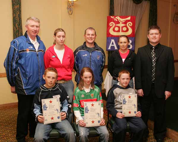 Bonniconlon GAA "Stars of the Future" pictured at AIB Sponsored presentation night in the Failte Suite, Welcome Inn Hotel, Castlebar, front from left: Niall Egan, and Sinead Ruane, Bonniconlon and Sean Regan Ballina; at back: Eugene Lavin, Cora Staunton, Billy McNicholas, Triona McNicholas, and Ivan Kelly, AIB Bank. Photo Michael Donnelly.