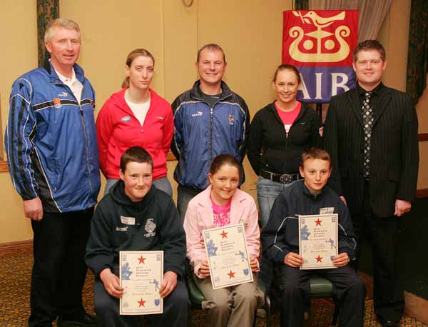 Castlebar GAA Club "Stars of the Future" pictured at AIB Sponsored presentation night in the Failte Suite, Welcome Inn Hotel, Castlebar, front from left: James Ryan, Glenisland; Mary Naughton, Mountdaisy; and Tony Sweeney Castlebar; at back: Eugene Lavin, Cora Staunton, Billy McNicholas, Triona McNicholas, and Ivan Kelly AIB Bank. Photo Michael Donnelly.